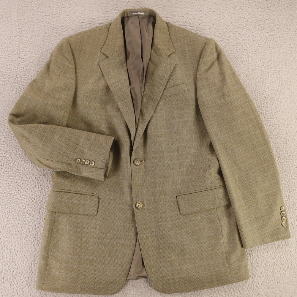 VINTAGE Tweed Jacket M Green Brown Houndstooth Over Check 100% Wool Blazer 42L - Picture 1 of 16